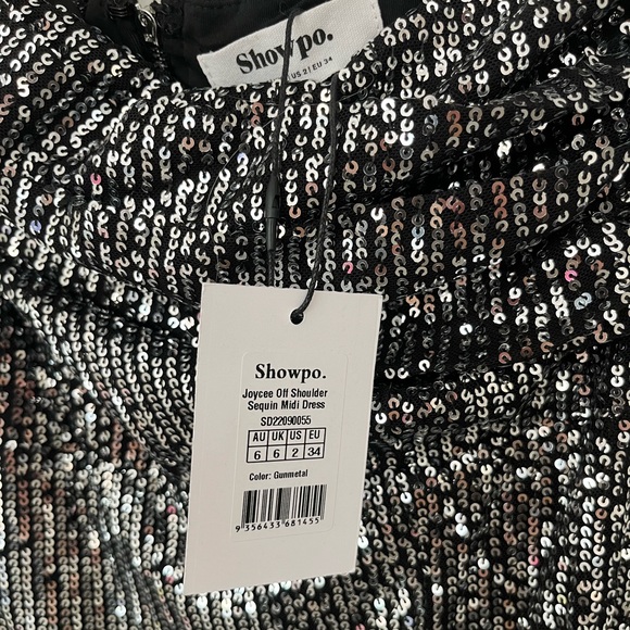 Showpo Joycee Midi Off Shoulder Thigh Split Sequin Dress in Gunmetal - Picture 5 of 6